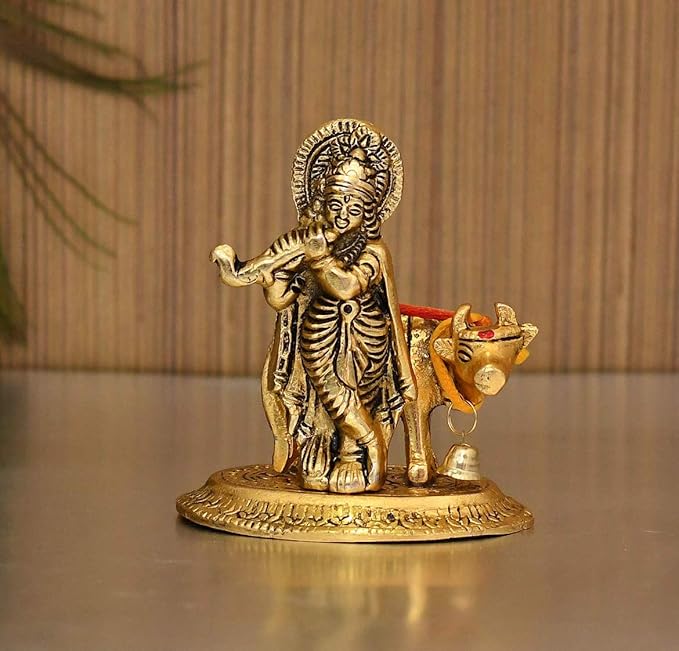 Flute playing krishna with cow murti